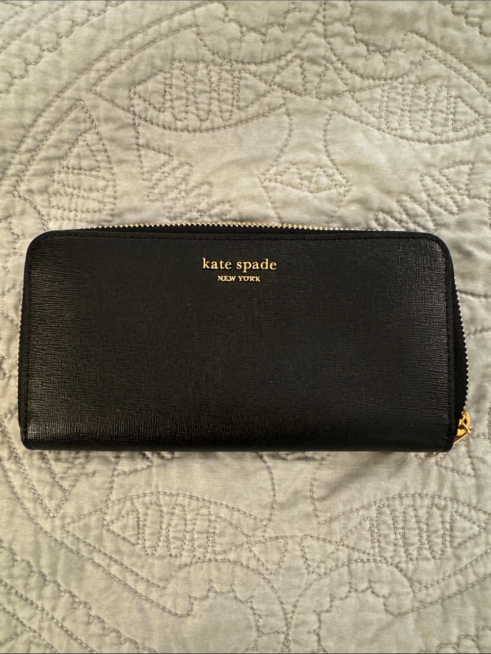 kate spade Black & Gold Zip-Around Saffiano Leather Wallet